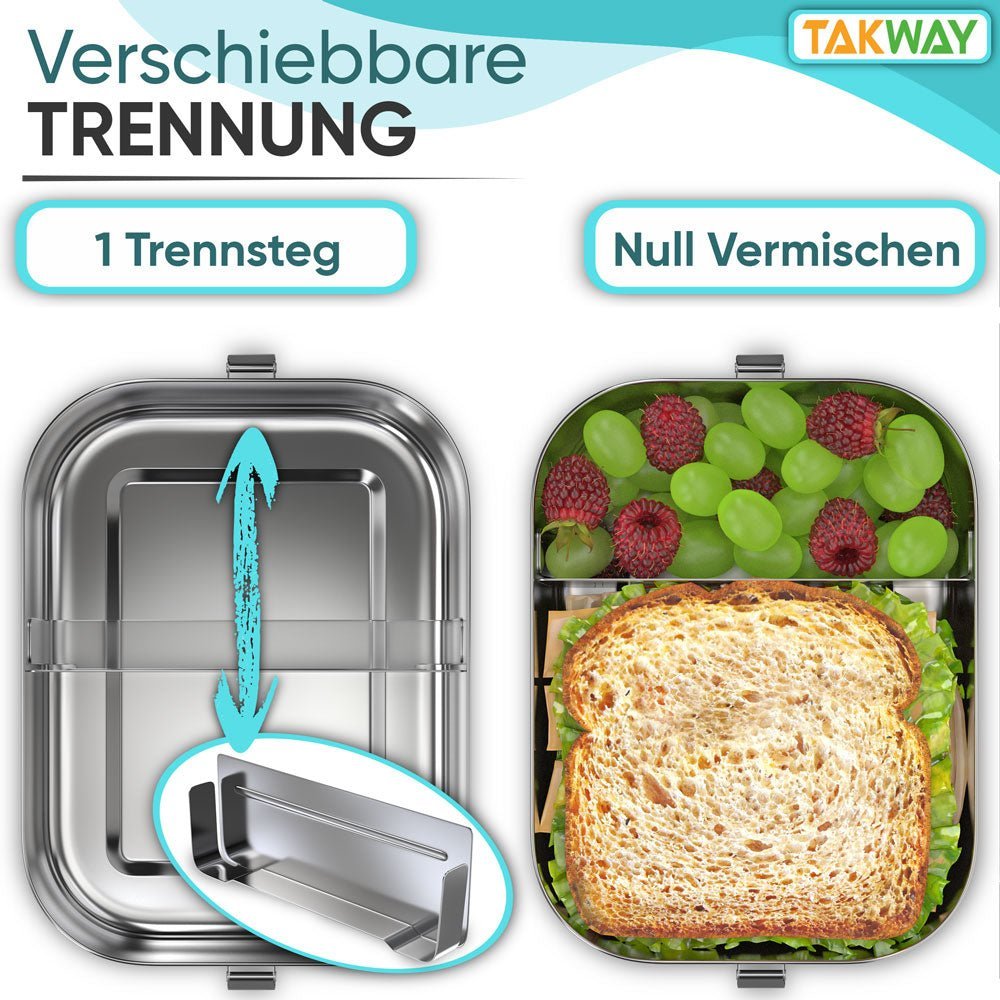 Saubere Trennung des Inhalts durch Trennsteg oder Fächer der  TAKWAY Edelstahl Brotdose (Truck) - TAKWAY