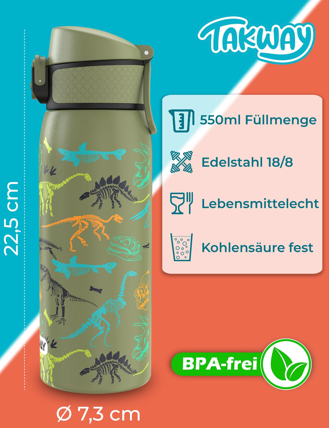 TAKWAY Edelstahl Trinkflasche 550ml (Dino)
