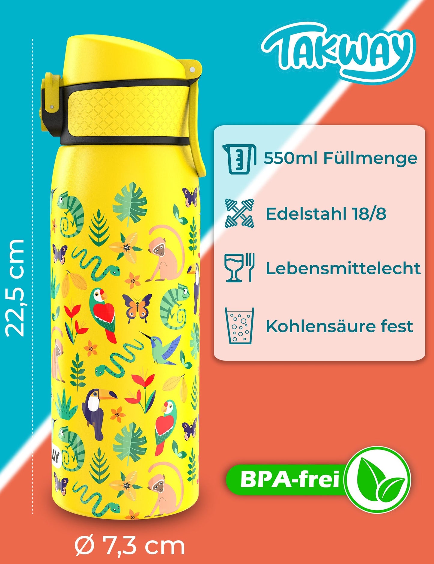 TAKWAY Edelstahl Trinkflasche 550ml (Dschungel)