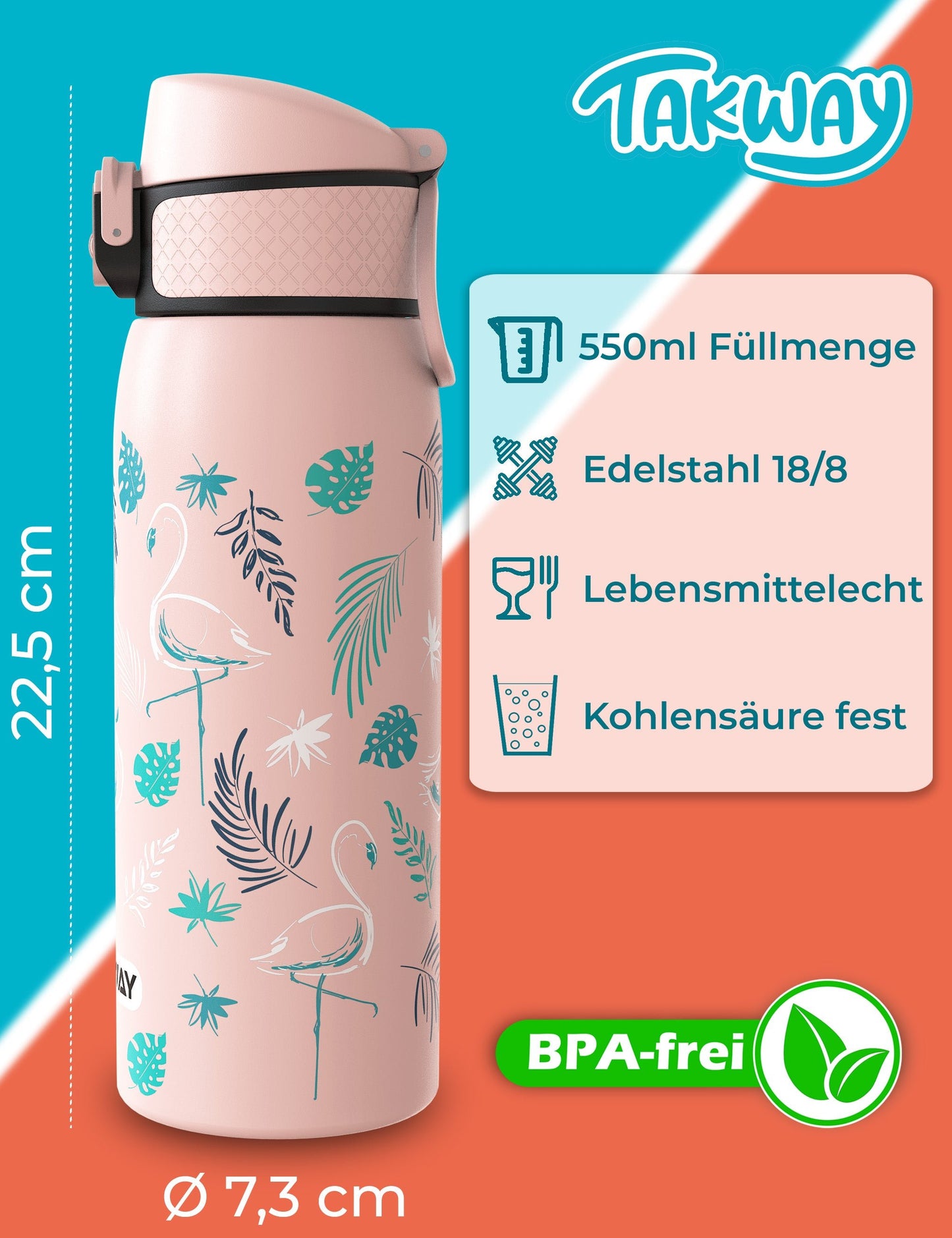 TAKWAY Edelstahl Trinkflasche 550ml (Flamingo)
