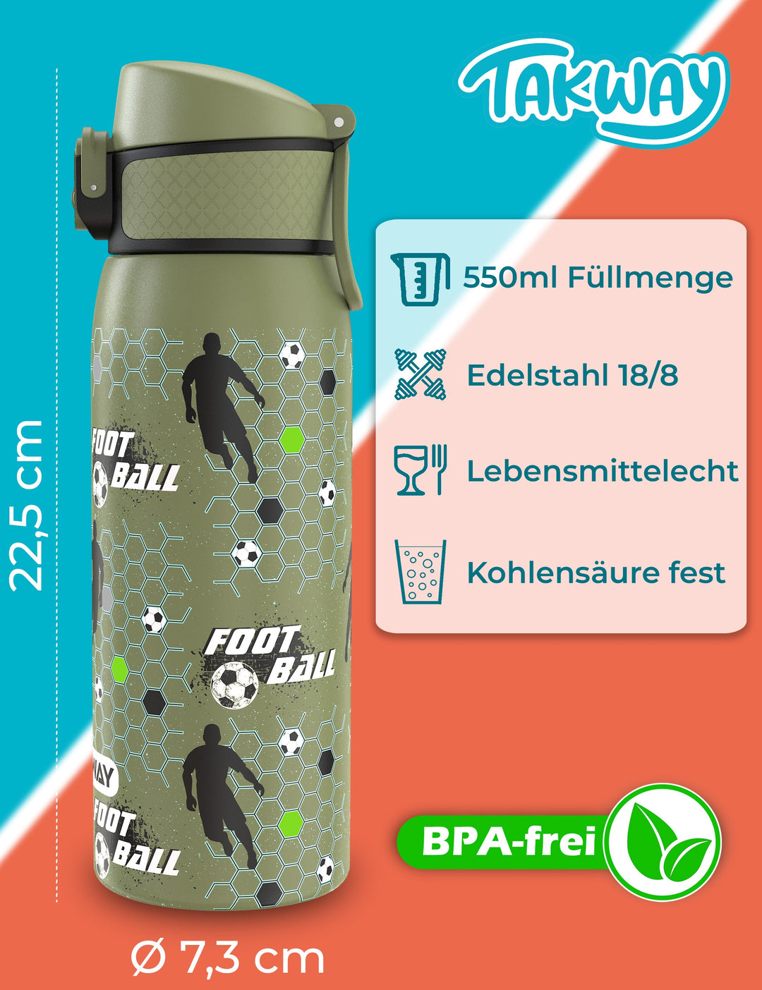 TAKWAY Edelstahl Trinkflasche 550ml (Fußball)