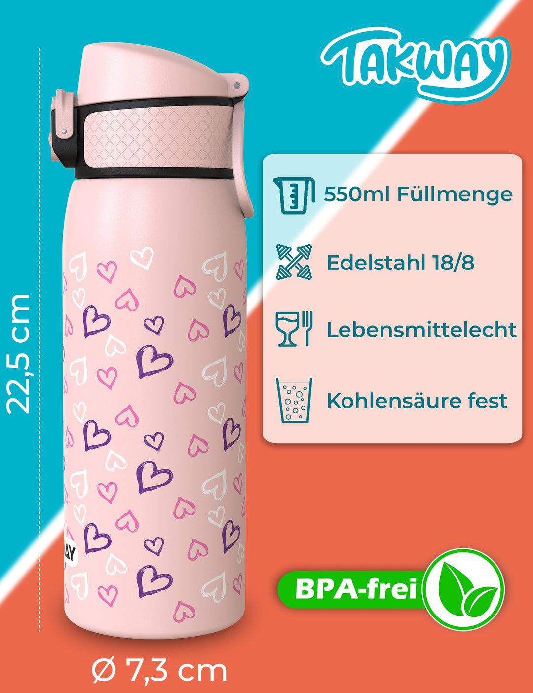 TAKWAY Edelstahl Trinkflasche 550ml (Herz)