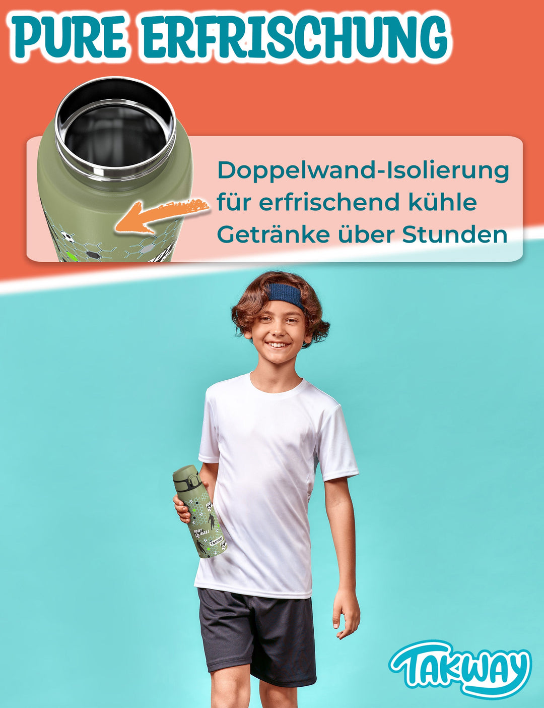 TAKWAY Edelstahl Trinkflasche 550ml (Fußball)