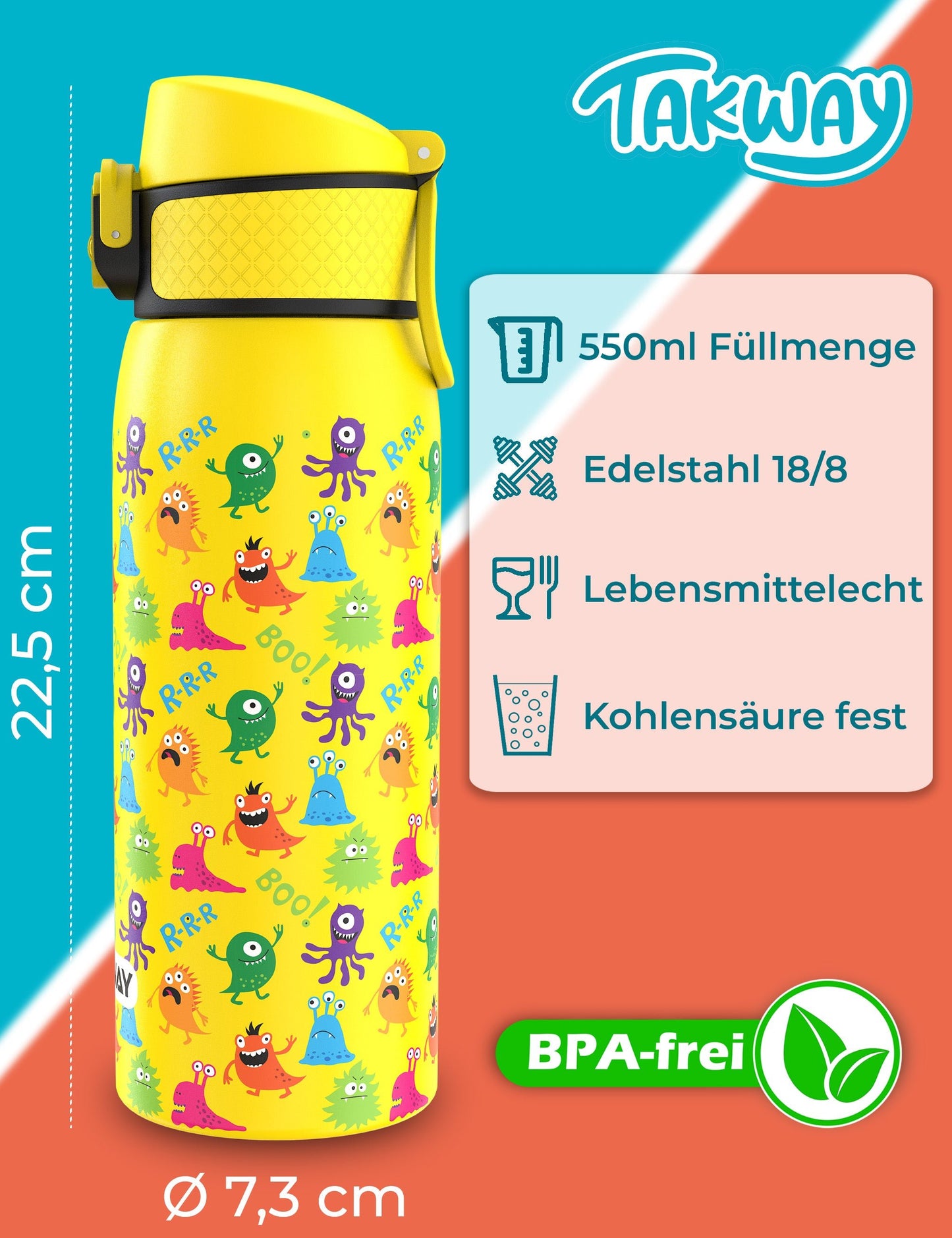 TAKWAY Edelstahl Trinkflasche 550ml (Monster)