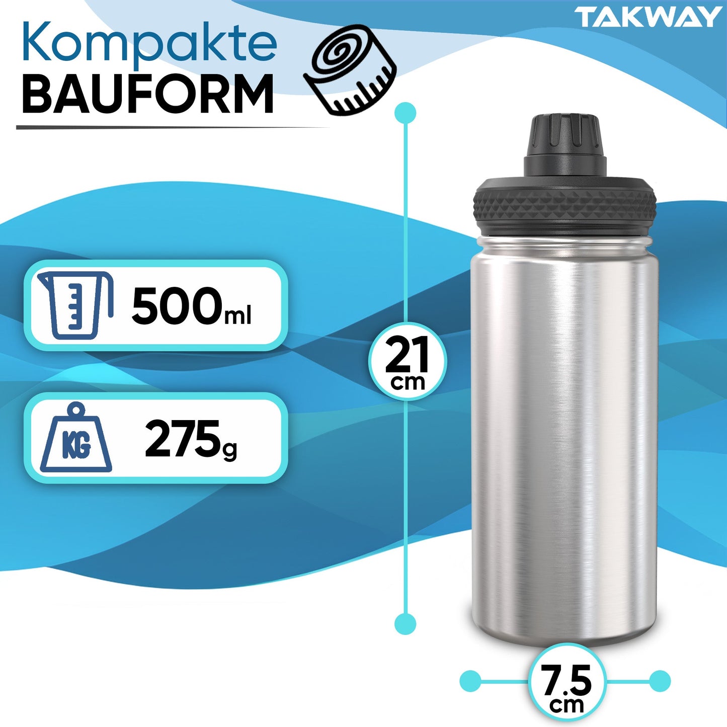 TAKWAY Edelstahl Trinkflasche 500ml (Blank)