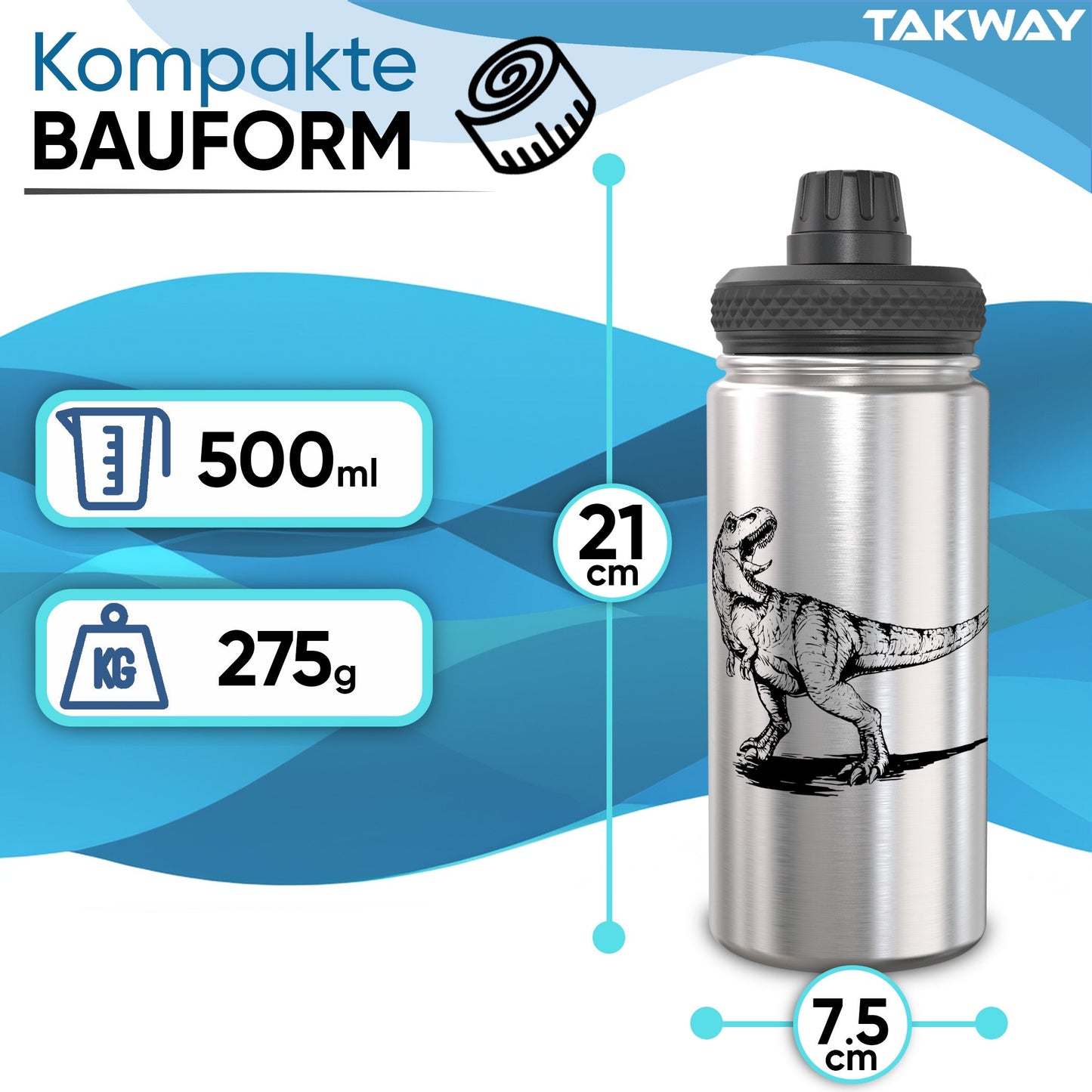 TAKWAY Edelstahl Trinkflasche 500ml (Dino)