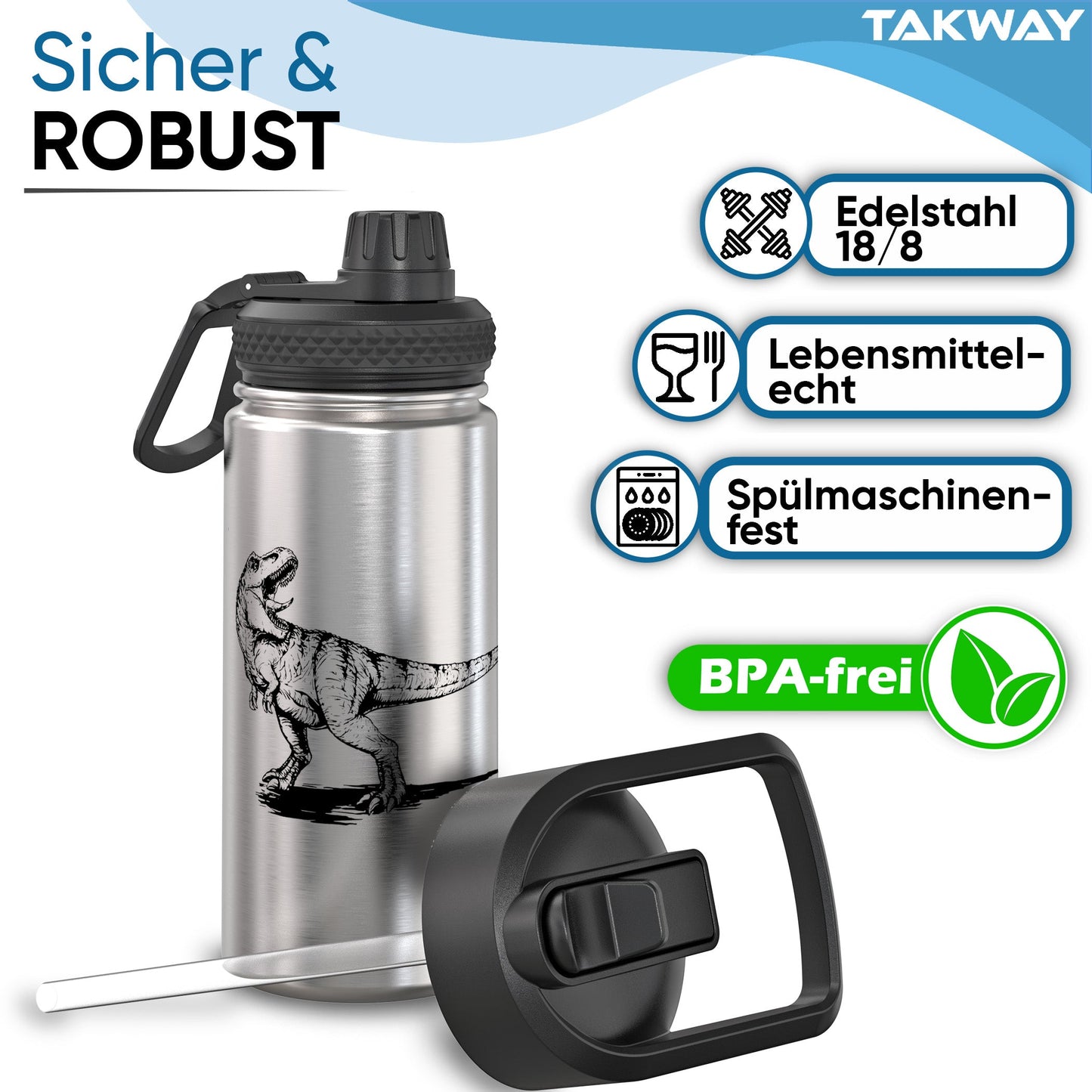 TAKWAY Edelstahl Trinkflasche 500ml (Dino)