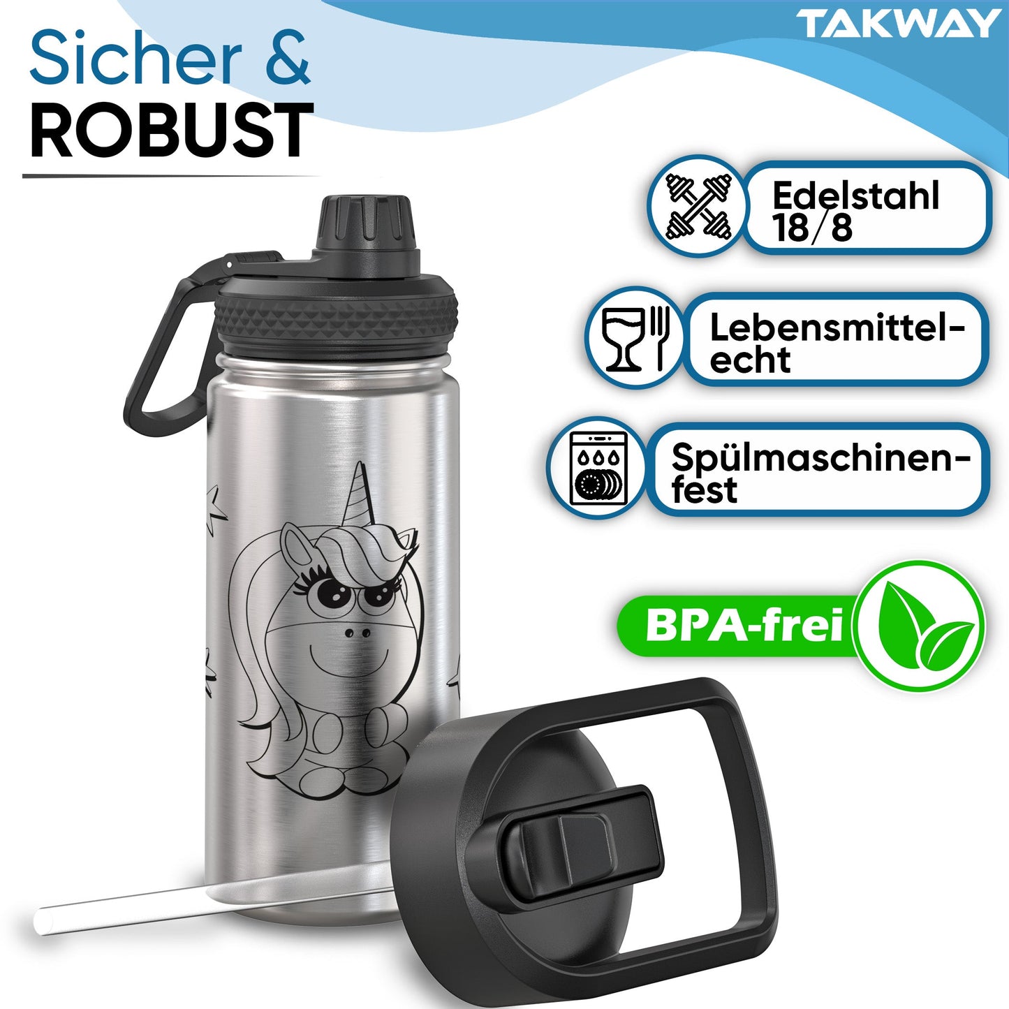 TAKWAY Edelstahl Trinkflasche 500ml (Einhorn)