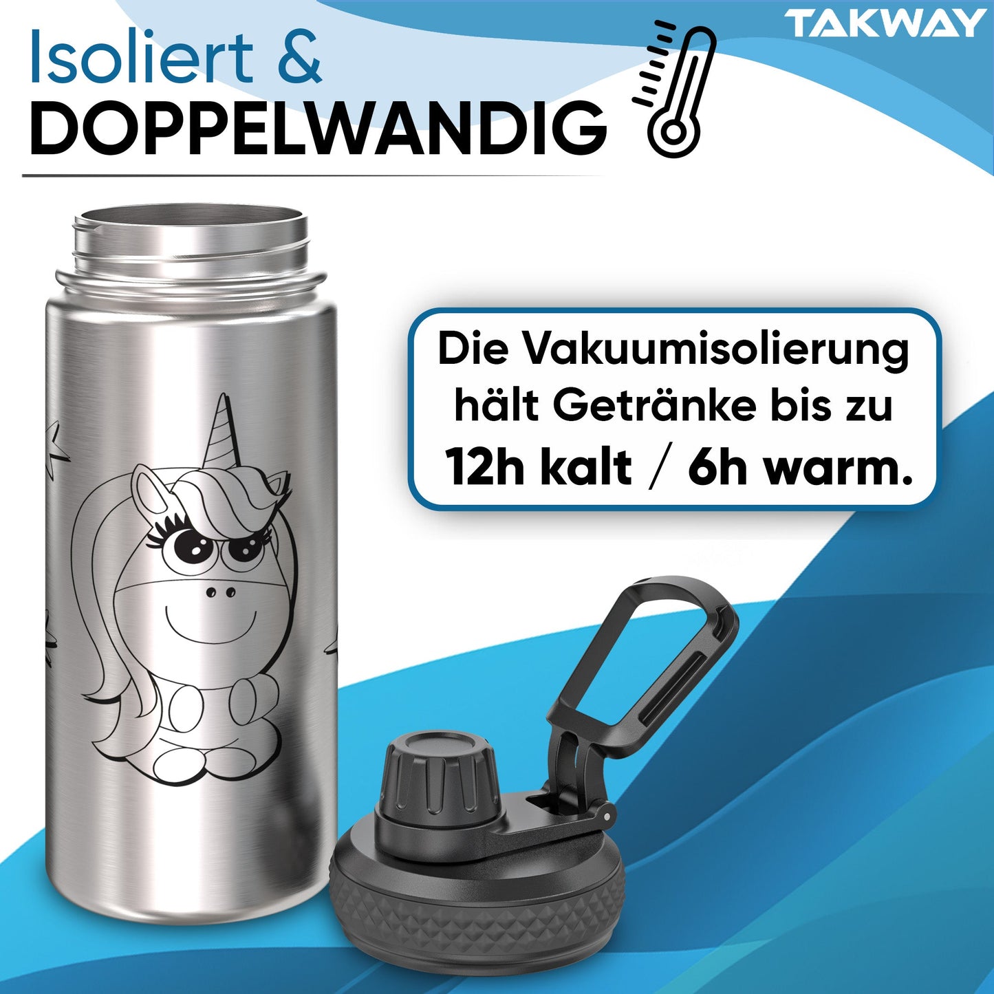 TAKWAY Edelstahl Trinkflasche 500ml (Einhorn)
