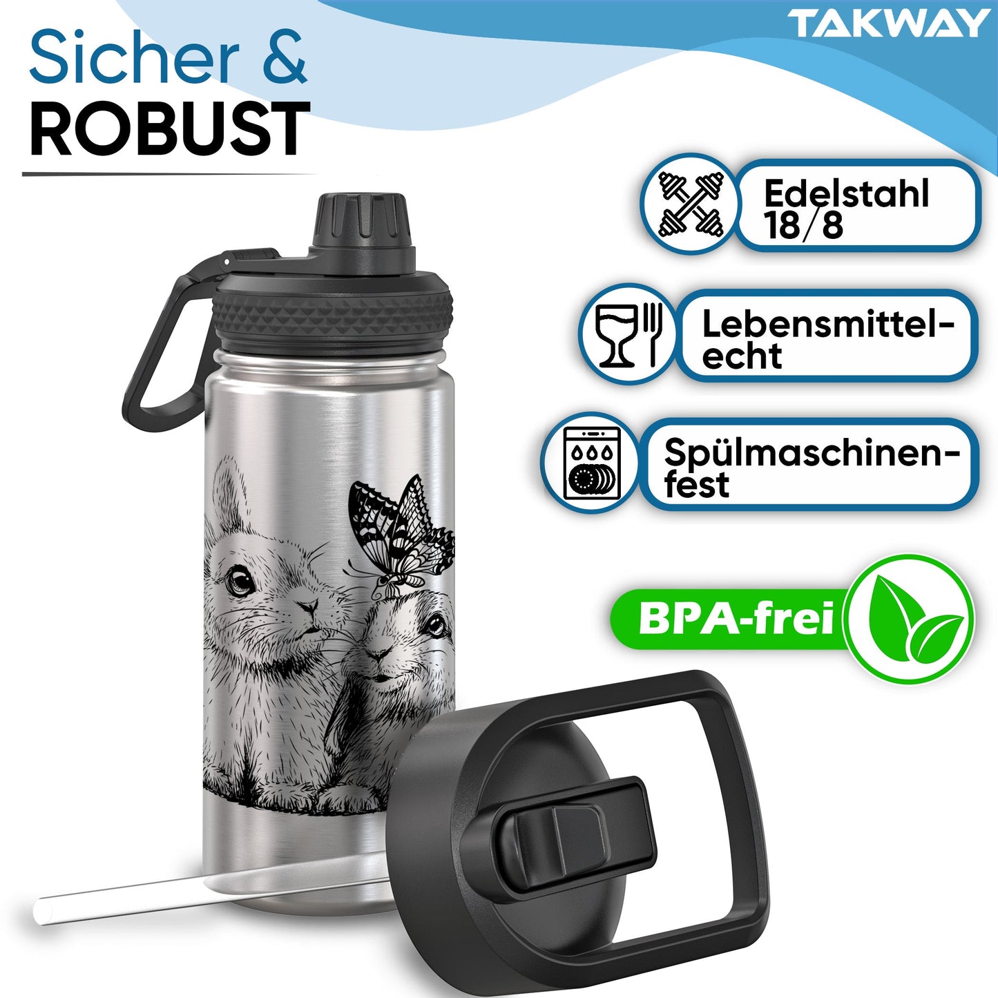TAKWAY Edelstahl Trinkflasche 500ml (Hase)