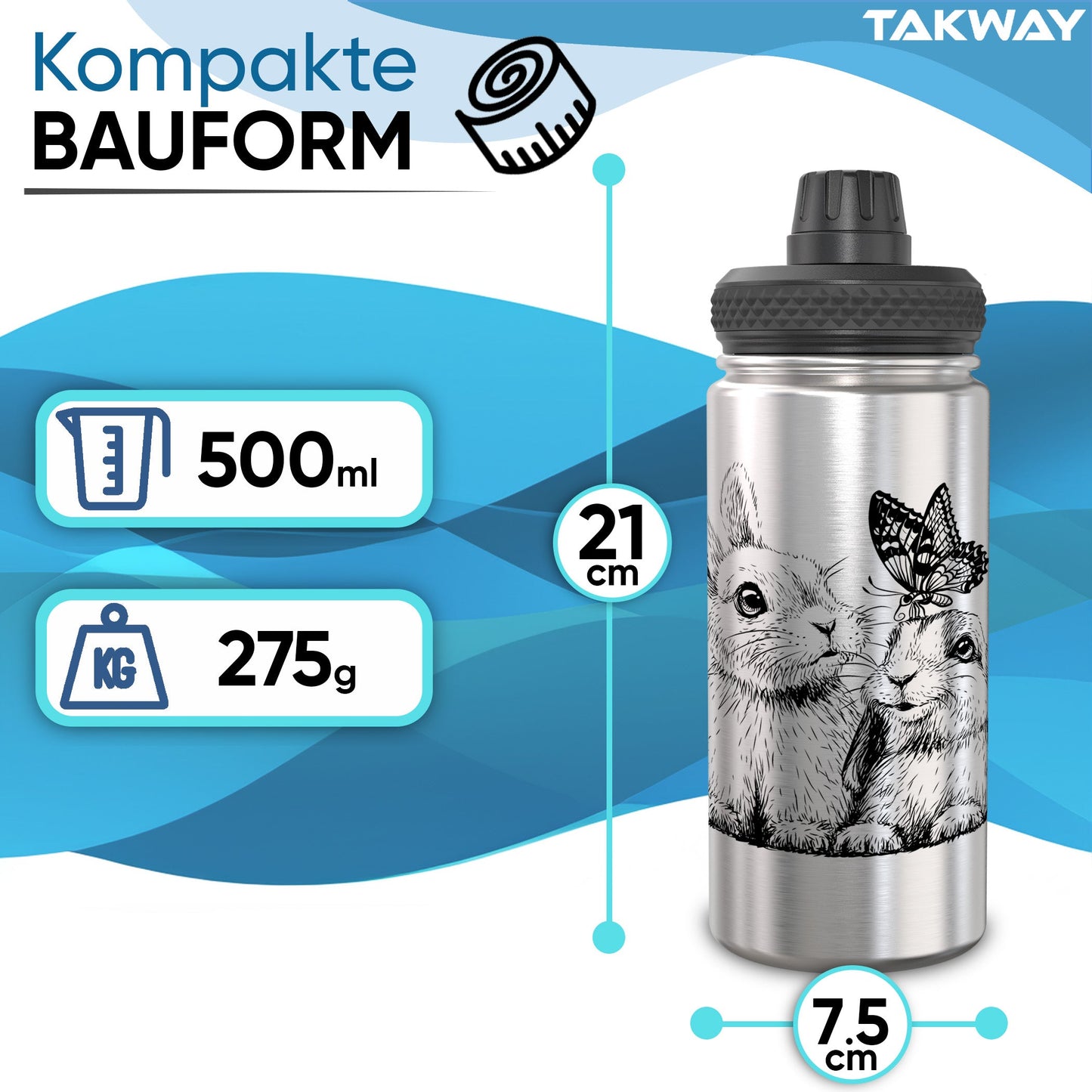 TAKWAY Edelstahl Trinkflasche 500ml (Hase)