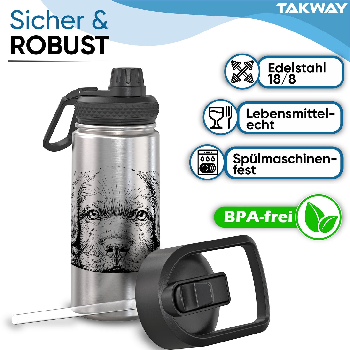 TAKWAY Edelstahl Trinkflasche 500ml (Hund)