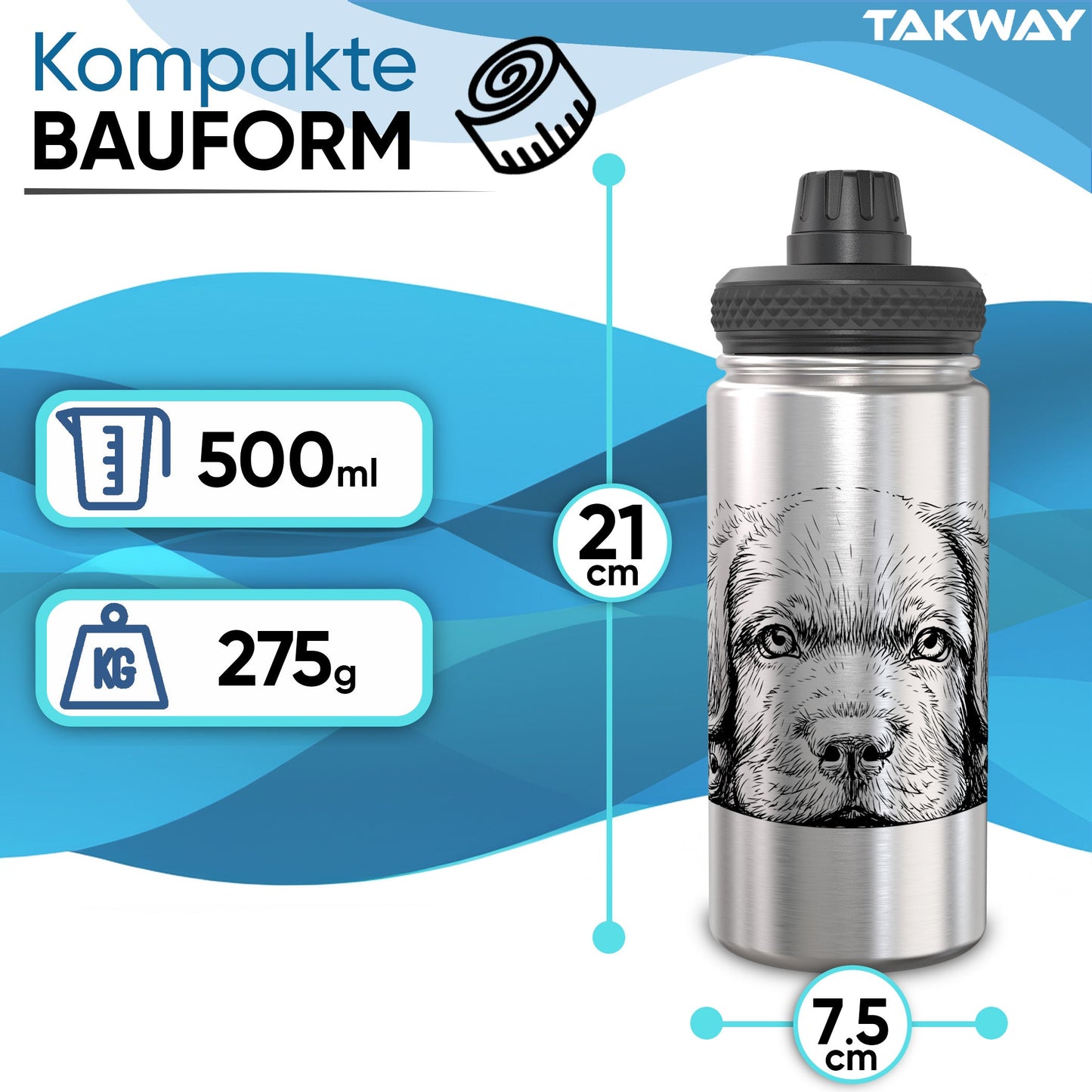 TAKWAY Edelstahl Trinkflasche 500ml (Hund)
