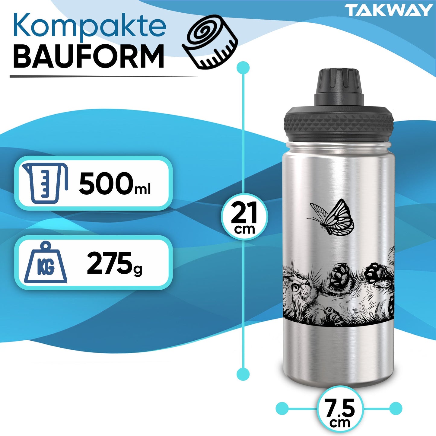 TAKWAY Edelstahl Trinkflasche 500ml (Katze)