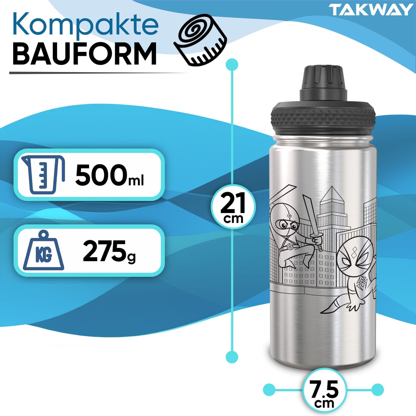 TAKWAY Edelstahl Trinkflasche 500ml (Ninja)