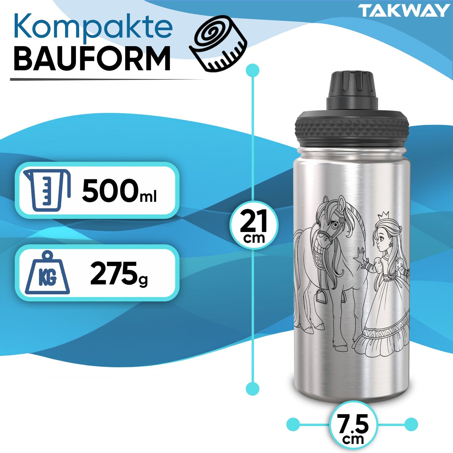 TAKWAY Edelstahl Trinkflasche 500ml (Prinzessin)