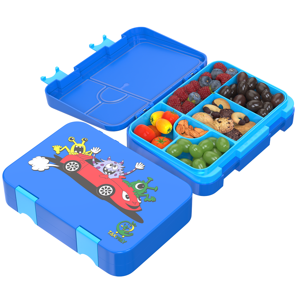 TAKWAY Kinder Bento Box blau mit Auto und Monster Aufdruck