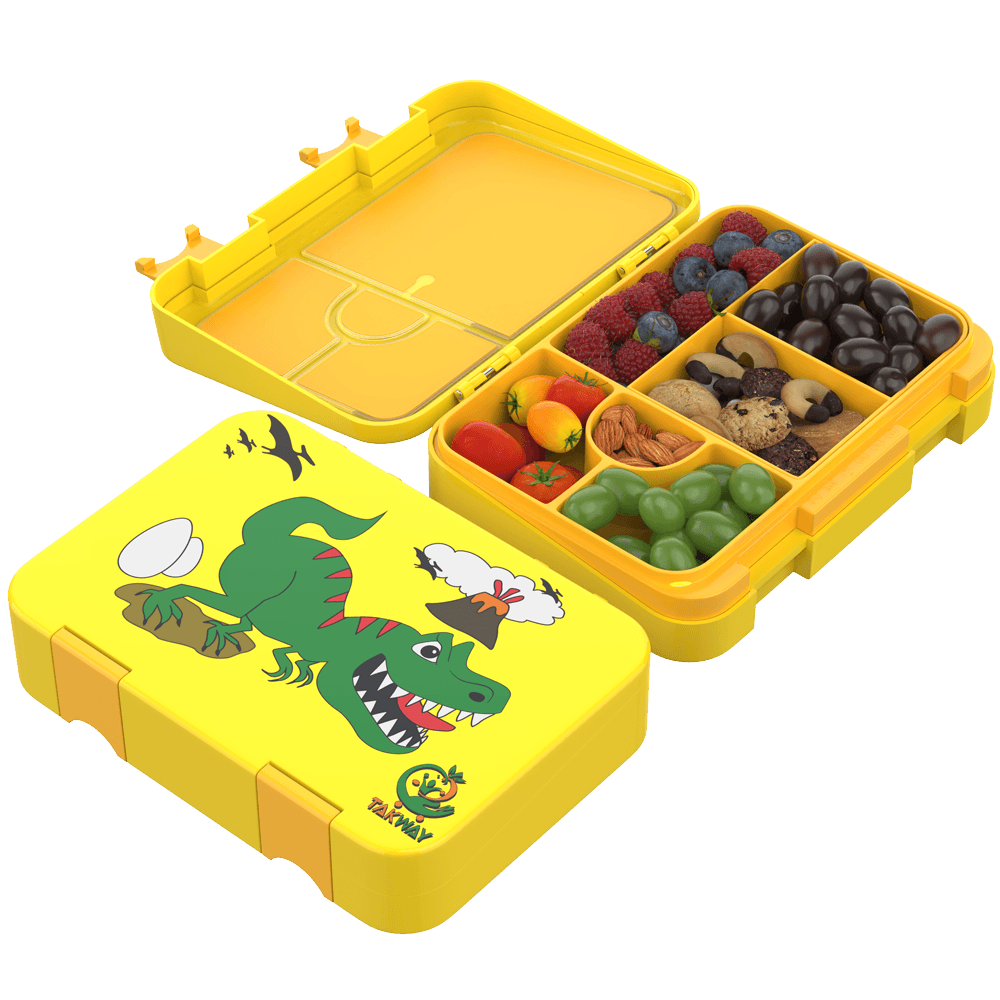 TAKWAY Kinder Bento Box gelb mit Dino und Tyrannosaurus Rex Aufdruck