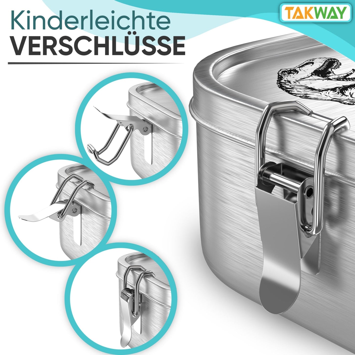 Kinderleichte Verschlüsse der TAKWAY Edelstahl Brotdose (Dino) - TAKWAY