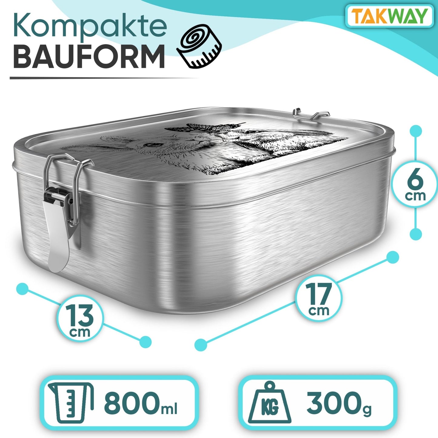 Abmessungen Maße der auslaufsicheren TAKWAY Edelstahl Brotdose (Hase) - TAKWAY