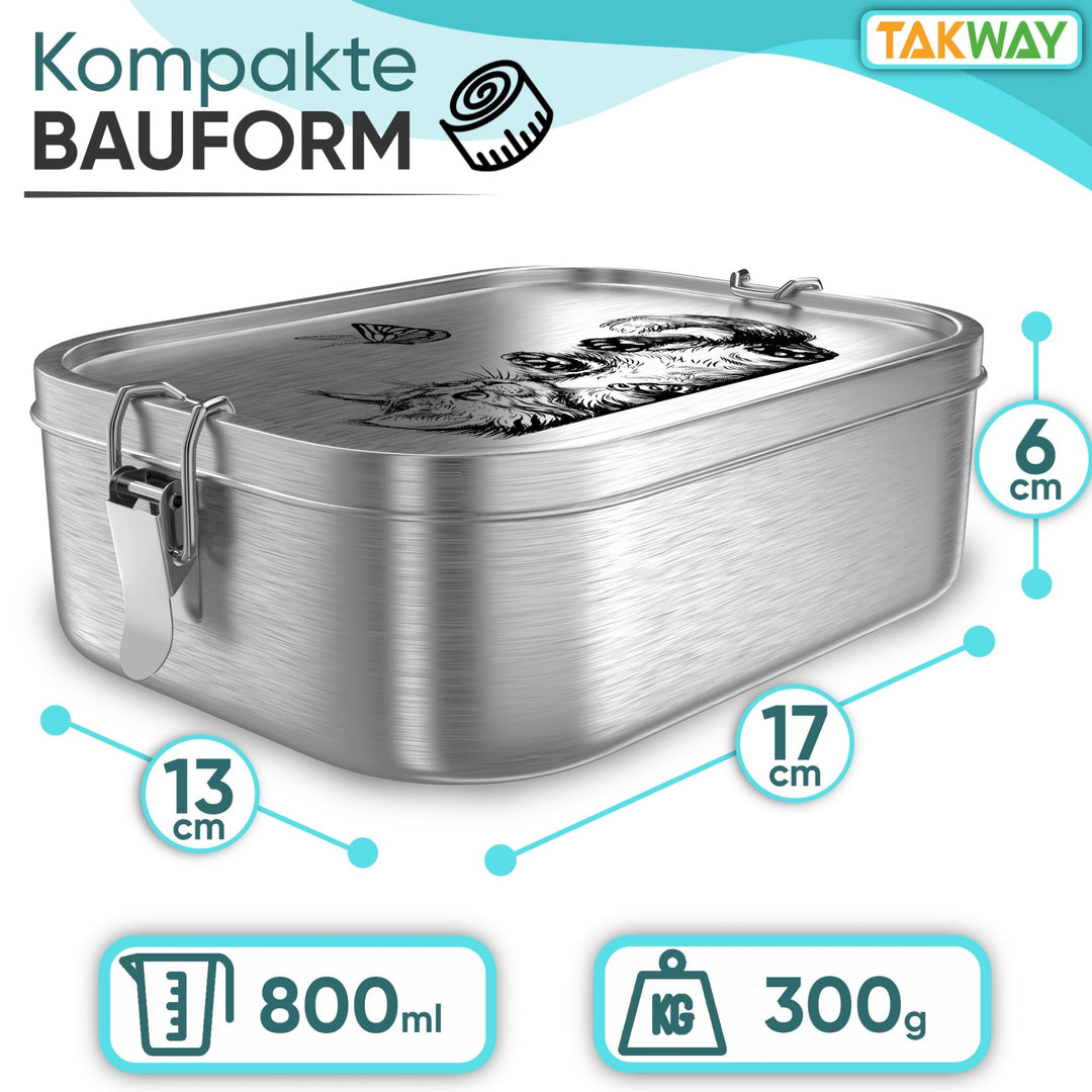 Abmessungen Maße der auslaufsicheren TAKWAY Edelstahl Brotdose (Katze) - TAKWAY