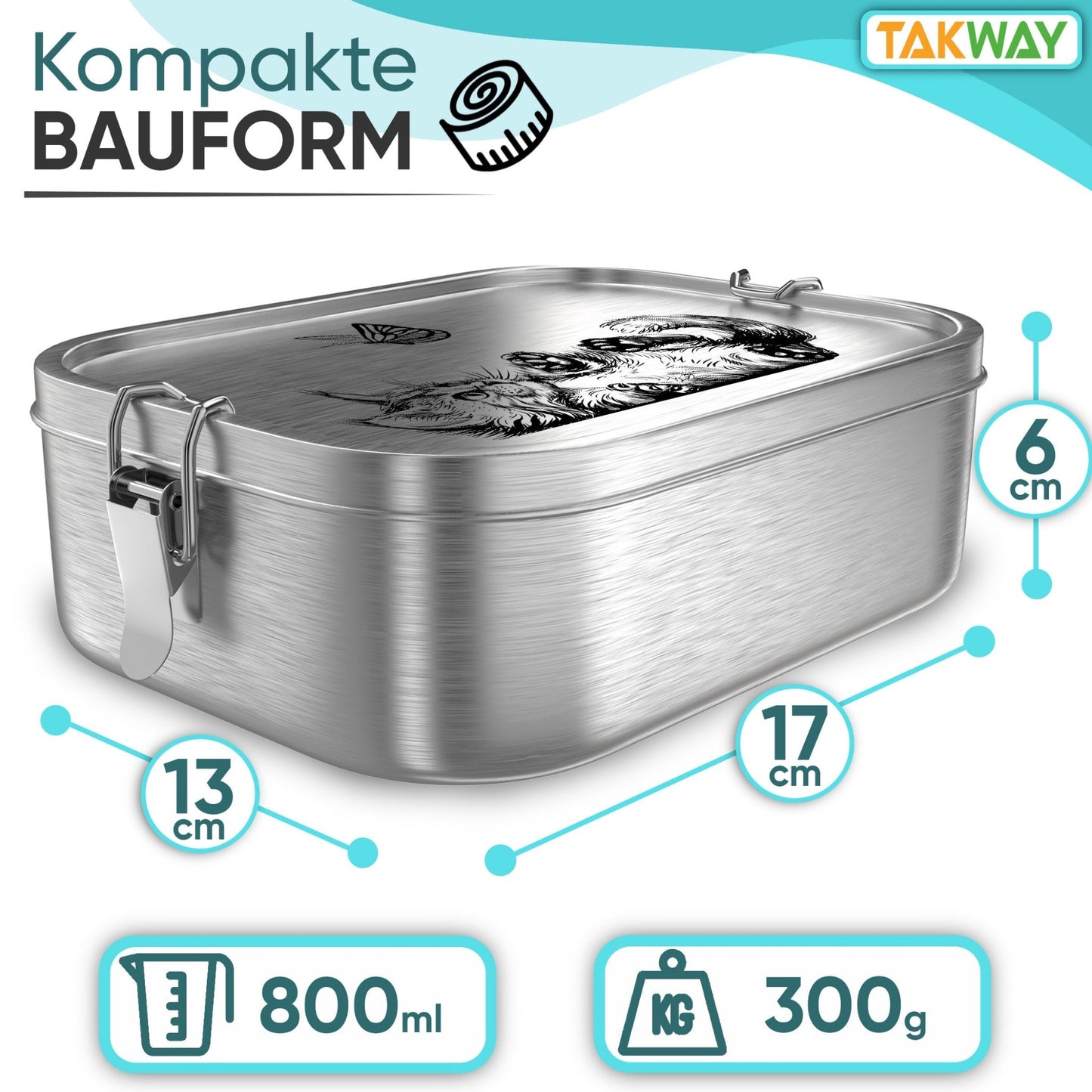 Abmessungen Maße der auslaufsicheren TAKWAY Edelstahl Brotdose (Katze) - TAKWAY