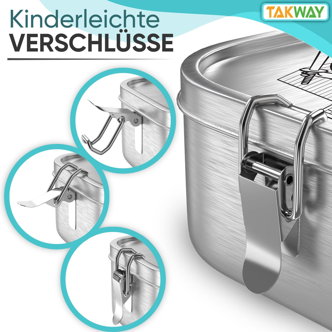 Kinderleichte Verschlüsse der TAKWAY Edelstahl Brotdose (Ninja) - TAKWAY