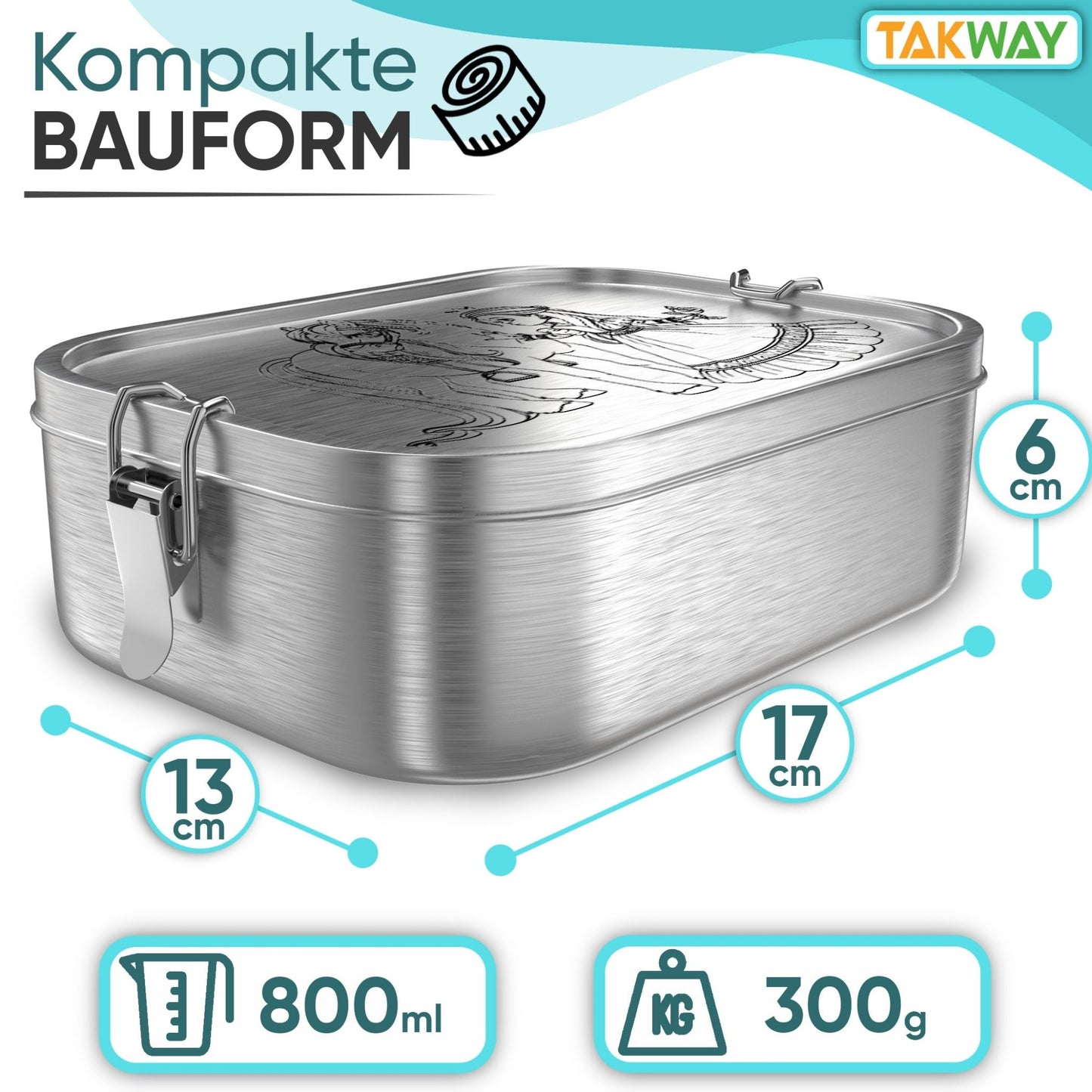 Abmessungen Maße der auslaufsicheren TAKWAY Edelstahl Brotdose (Prinzessin) - TAKWAY