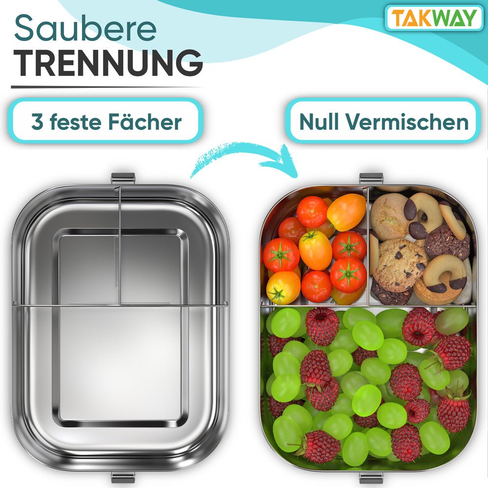 Saubere Trennung des Inhalts durch Trennsteg oder Fächer der TAKWAY Edelstahl Brotdose (Prinzessin) - TAKWAY